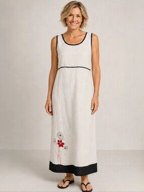 Norton McNaughton "Cabana" White Black Sandwashed Linen Dress M NWT